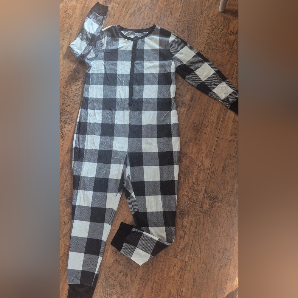 Old Navy Thermal Onesie Longjohn Lounge Pajama Gray Plaid 3/4 Button Plus Size 2